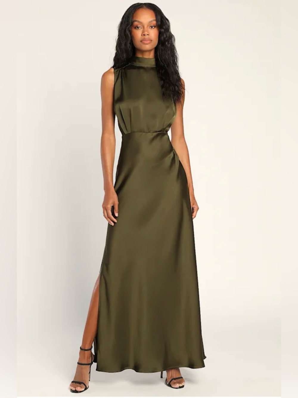 Lulu's Olive High-Neck Satin Maxi Dress with Side Slit